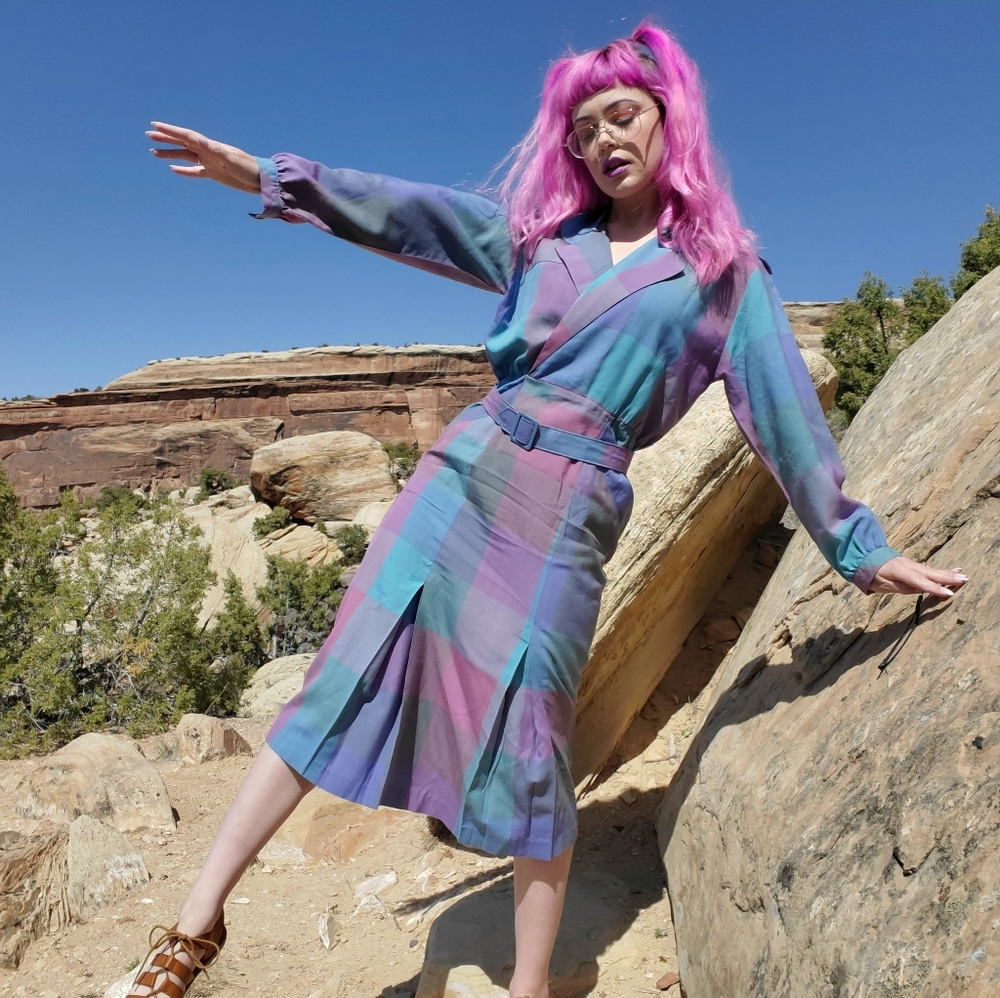 80's Vintage Checkered Belted Business Midi Dress